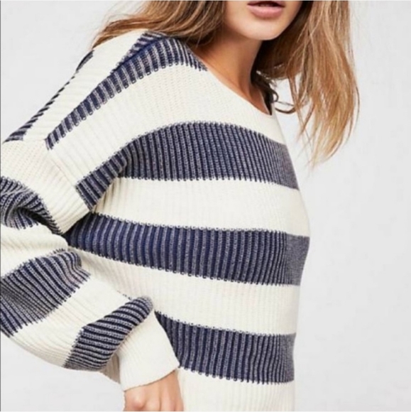 Free People Just My Chunky Striped Cropped Sweater Blue White Size XS - Picture 2 of 7